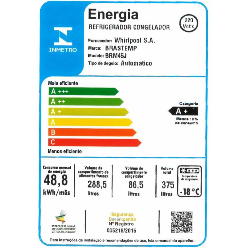 freezer-brastemp-brm45jb-selo-inmetro-220v