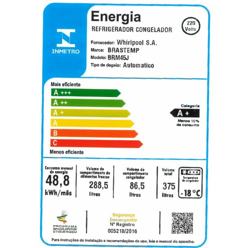 freezer-brastemp-brm45jK-selo-inmetro-220V